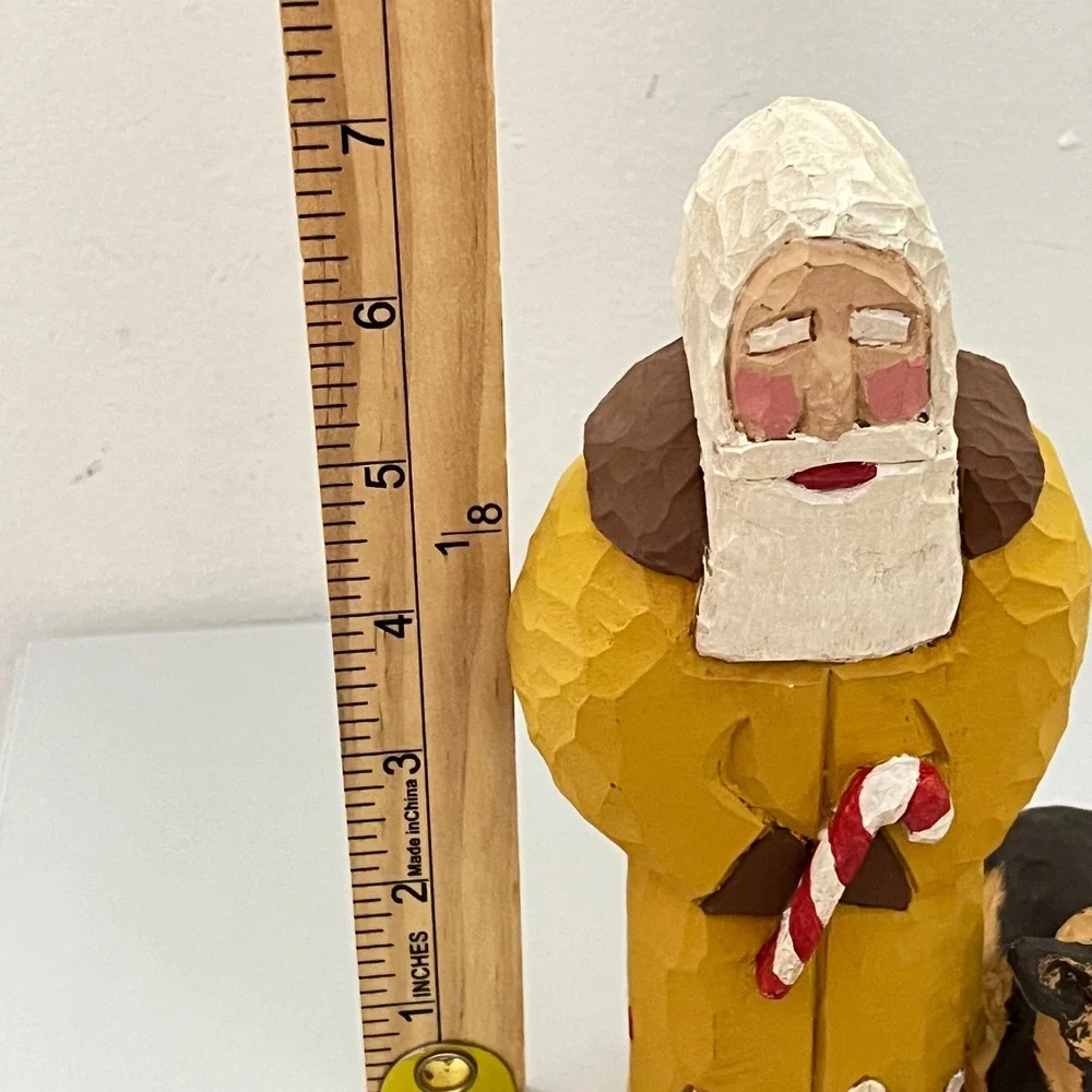 Gunther Lanky Santa Figurine with German Shepherd Yellow Wood Folk Art 6.5